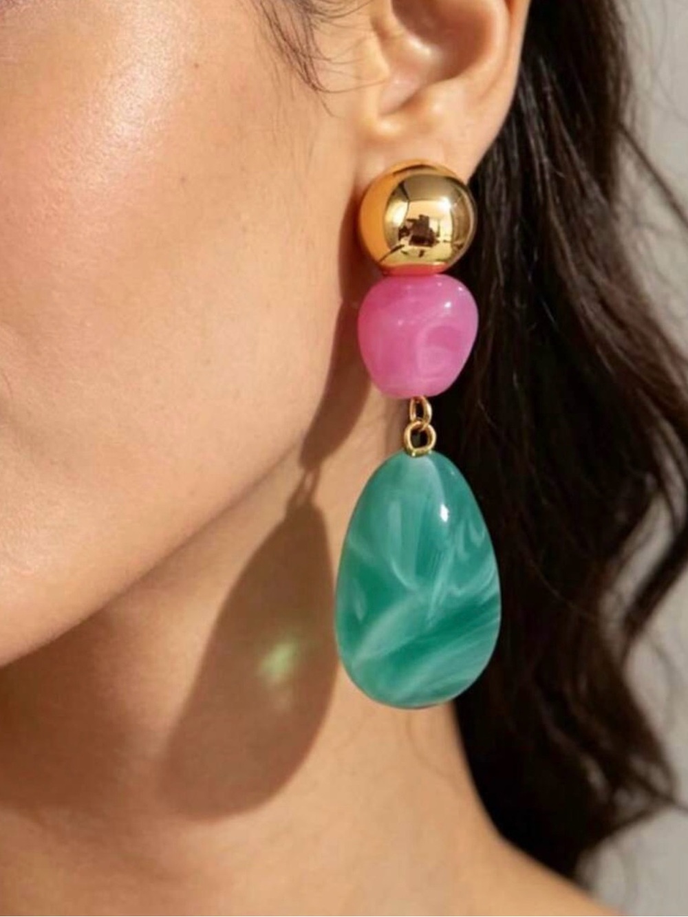 Gold Pink and Teal Drop Earrings - Women's Fashion Jewelry